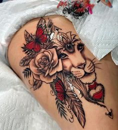 Lion With Roses Tattoo For Women, Lion King Tattoos For Women, 1 Hour Tattoo Ideas For Women, Rasta Tattoo For Women, Leo Neck Tattoo, Side Thigh Tattoos Women Baddie, Lion Hip Tattoos Women, Tigh Tattoo Woman, Women Thigh Tattoos Ideas Beautiful