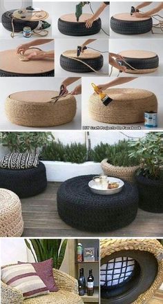 several pictures of different types of furniture made out of old tires and wickers