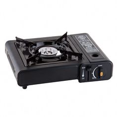 a black stove top with two burners and one light on the side, sitting in front of a white background