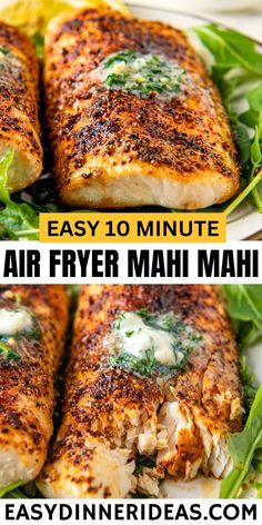 easy 10 minute air fryer mahi mahi with spinach leaves on the side