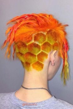 Mind-Blowing Undercut Designs To Give A Unique Take At The Popular Trend ★ Orange And Yellow Hair, Shaved Head Designs, Yellow Hair Color, Undercut Designs, Shaved Hair Designs, Hair Dyed, Fire Hair, Hair Patterns, Hair Tattoos