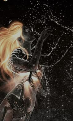 a painting of a woman with long blonde hair standing in front of stars and the moon