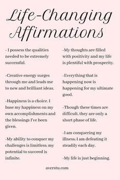 a pink poster with the words life - changing affirmations on it's side