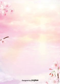 a pink background with flowers and birds flying in the sky