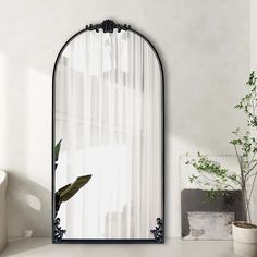 a mirror sitting on top of a table next to a potted plant in front of a window