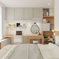 an image of a bedroom setting with white furniture and wood accents on the walls, along with open shelving