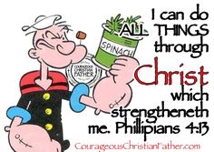 an image of a cartoon character holding a can with the words, i can do all things through christ