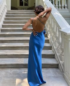 Wedding Guest Dress Royal Blue, Blue Fitted Backless Dress, Fitted Blue Backless Dress, Blue Fitted Low Back Dress, Blue Fitted Dress With Low Back, Blue Satin Dress With Back Opening, Blue Backless Maxi Dress With Fitted Bodice, Blue Backless Tie-back Dress, Blue Backless Tie Back Dress