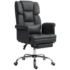 a black leather office chair with chrome base and casteor wheels on an isolated white background