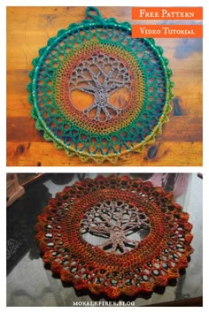 crocheted doily with an image of a tree on it and the words free pattern