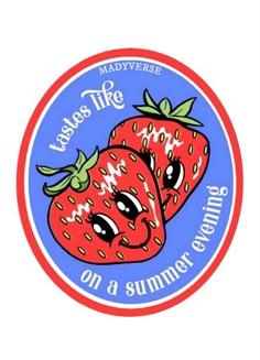 a red and blue sticker with two strawberries on the front, one has eyes closed