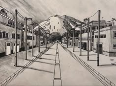 a drawing of a street with buildings and a mountain in the backgrouund