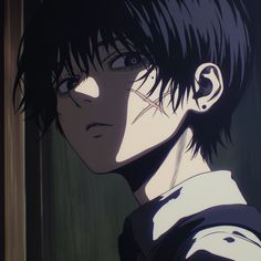 an anime character with black hair staring at the camera