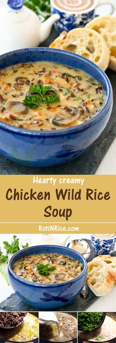 chicken wild rice soup in a blue bowl with bread slices and parsley on the side