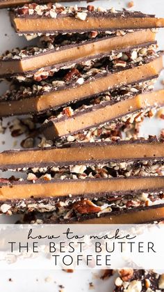 chocolate peanut butter toffee bars stacked on top of each other with text overlay