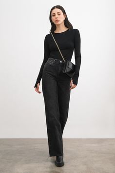 Meet Rowan, the washed black jeans you've been dreaming of. Handcrafted from 100% European denim, Rowan features a flattering high waist and a slightly widened straight-leg cut that hugs the hips. With classic jean detailing plus a raw edge hem, her gently distressed faded black finish looks cool with everything. | Outer seam length is approximately 43.5" (111 cm). Inseam is approximately 34" (86 cm).European Denim (100% Cotton).Turn inside out for better washing results. Machine wash on delicat Black Top Black Jeans, Black Jeans Formal Outfit, Black Jeans Straight, Black Jeans Outfit 2024, Black Jeans Heels, Women Black Outfit, Jeans With Black Top, Black Jeans Pants Outfit, Black Jeans For Women