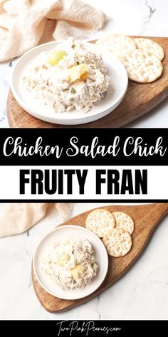 text that says  Chicken Salad Chick Fruity Fran above and below are images of chicken salad with crackers by it Chicken Salad Chick Copycat Recipes Fruity Fran, Chicken Salad Chick Recipe Copycat, Fruity Chicken Salad, Egg Salad Pasta, Copycat Chicken Salad, Chicken Salad Chick Recipe, Chicken Salad Chick, Mock Chicken