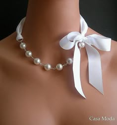 Ribbon Necklaces, Pearl Ribbon, Ribbon Jewelry, Ribbon Necklace, Handmade Jewelry Tutorials, Crystal White, Handmade Wire Jewelry, Diy Hair Accessories