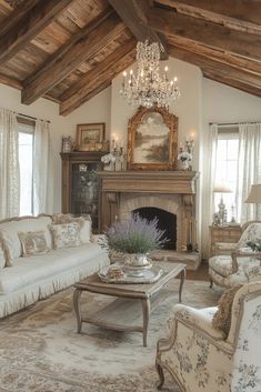 a living room filled with furniture and a chandelier hanging from the ceiling over a fire place