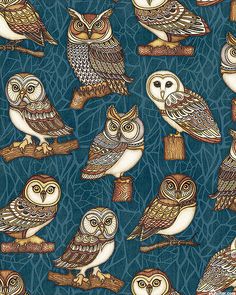 an image of many owls on a branch in blue and brown colors, with leaves around them