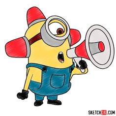 a cartoon minion with a megaphone in his hand and wearing overalls,