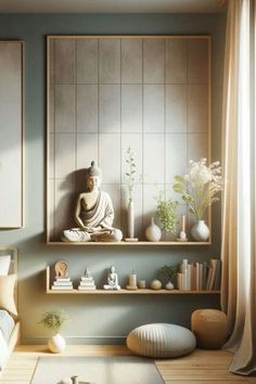 there is a buddha statue sitting on the shelf in this room with other items and decor