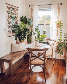 a living room with wooden floors and plants on the windowsill, along with a bench