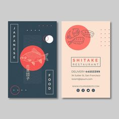 two business cards with fish on them and the words shitake restaurant written in japanese