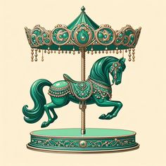 a green carousel with a horse on it