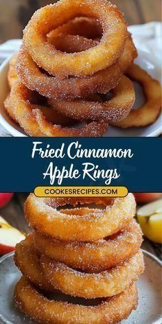 fried cinnamon apple rings stacked on top of each other with apples in the background and text overlay