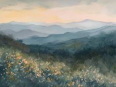 a painting of mountains with flowers in the foreground