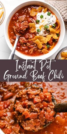 instant pot ground beef chili in a white bowl