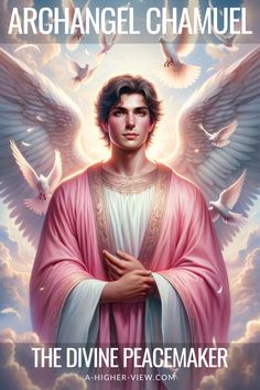 the divine peacemaker with white doves flying around him and his arms folded over his chest