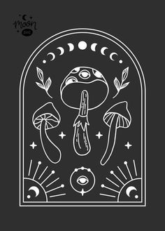 a black and white drawing of mushrooms on a dark background with the moon above it