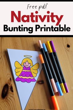 Pin text reads, free pdf Nativity bunting printable and shows image of colored in angel bunting with pens. Nativity Crafts For Toddlers, Nativity Crafts For Preschoolers, Christmas Toddler Activities, Toddler Christmas Craft, Nativity Crafts For Kids, Nativity Decorations, Printable Nativity, Nativity Activity