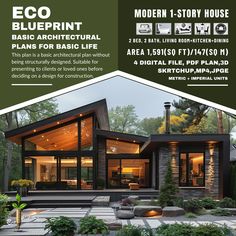 an advertisement for a modern house in the middle of trees and bushes, with text that reads eco blueprint basic architectural plans for basic life