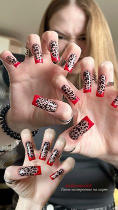 Zebra Cheetah Nails, Red Leopard Nails, Insane Nails, Grunge Nails, Colored Acrylic Nails, Leopard Design, Nails Only