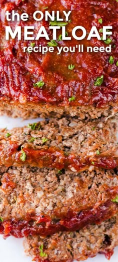 meatloaf with sauce and parsley on top, cut into slices to eat