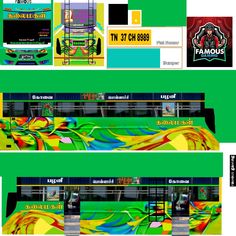 the front and back side of a bus with colorful graphics on it's sides