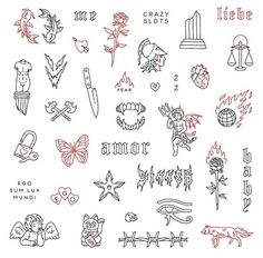 various tattoos are drawn in red ink on white paper