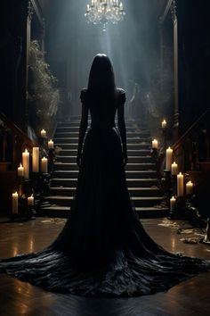 a woman in a long dress standing at the bottom of stairs with candles on either side