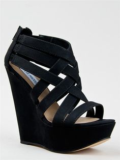 i wanted these for formal in beige but they only had them in a 5!! :( Wedge Sandals Outfit, Steve Madden Wedge Sandals, Strappy Wedge Heels, Sandals Outfit, Strappy Wedges, Wedge Heel Sandals, Black Wedges, Black High Heels