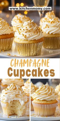 champagne cupcakes with white frosting and gold sprinkles