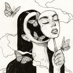 a drawing of a woman with butterflies on her head