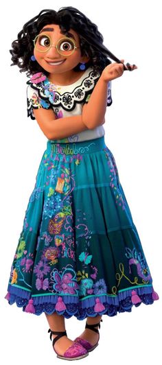 an animated character in a blue dress with flowers on it's chest and arms