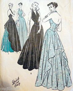 three women's evening gowns, one in blue and the other in black