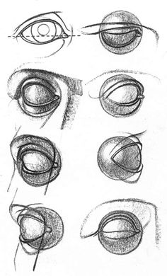 the steps to drawing an eye with pencils on paper, and in different positions