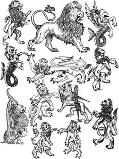 an image of lions and mermaids in different poses, vintage line drawing or engraving