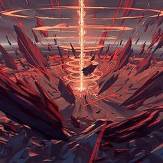 an abstract digital painting with red and orange lines on the ground, surrounded by rocks