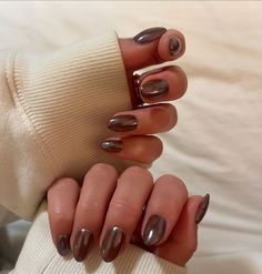 Nailed_it_byRi | Just the beginning of fall nails, starting off strong with a chocolate glaze look🤎☕️🐻🧦 | Instagram Thanksgiving Nails Trendy, Frosted Brown Nails, Glaze Brown Nails, Simple Christmas Nails Brown, Brown Nails With Pearl Chrome, Cute Almond Fall Nails, Brown Nails On Pale Skin, Brown Nails For Pale Skin, Light Brown Neutral Nails